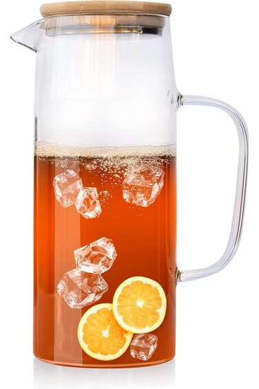 Cold Drinks Juice Glass Jug Wood Lid 1000ml Glass Pitcher with Lid, Hot/Cold Water Jug, Juice and I