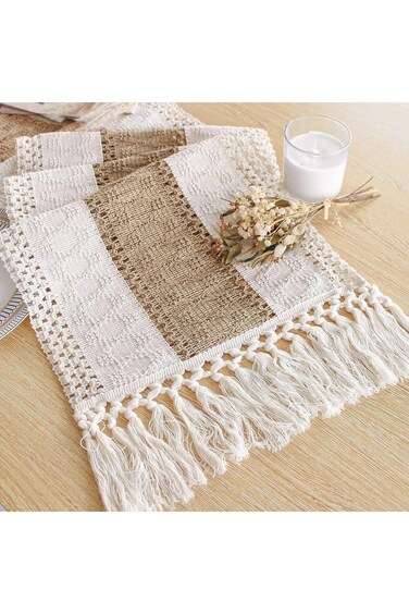 Tazweeq Boho Table Runner, Long Farmhouse Rustic Table Runner, Cream &amp; Brown Macrame Table Runner w