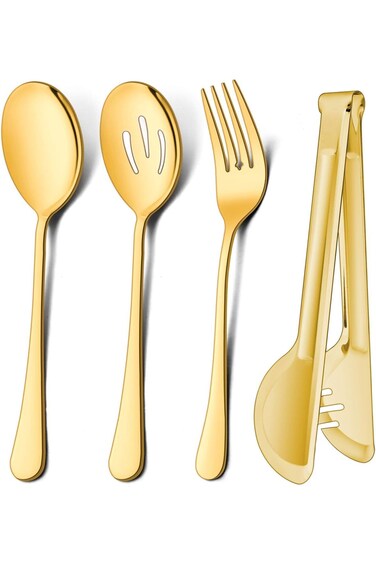 4PCS Stainless Steel Serving Utensils Set - Large Spoons, Slotted Spoons, Serving Forks, Tongs for