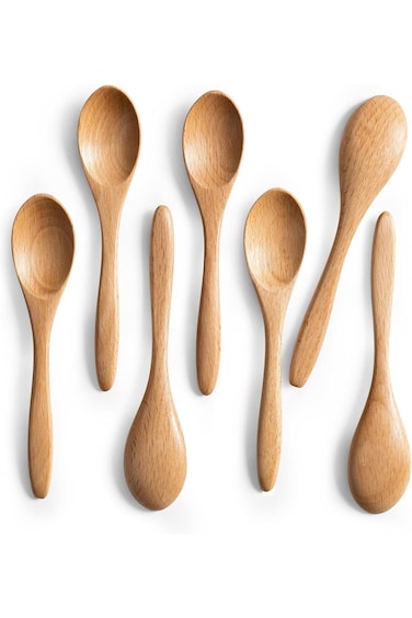 تزوييق 7 قطع ملاعق خشبية صغيرة، ملاعق عسل للشاي، ملعقة صغيرة عسل خشبية من خشب الزان للقهوة، إعادة