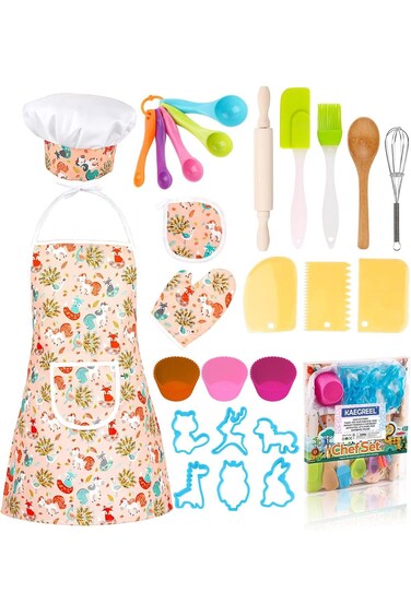 TMOHRA Kids Baking Set 26Pcs with Dinosaur Apron &amp; Hat Cooking Chef Dress Up Role Play Toys, Kitche