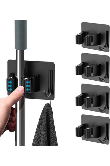 تزوييق حامل مكانس وممسحة، 4 قطع، بدون مثقاب، منظم مكانس وممسحة مثبت على الحائط، شديد التحمل، مع خطافات H