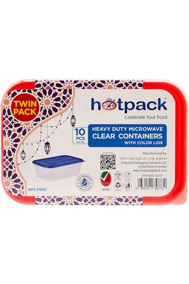 Hotpack Heavy Duty Microwave Clear Containers with Color Lids 750ml, 10 Pieces