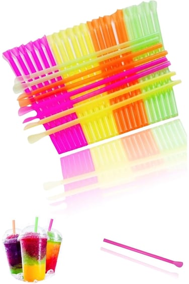 Sweet seven 200 Unwrapped Snow Cone Spoon Straws - Assorted Bright Colors for Shaved Ice, Milkshake