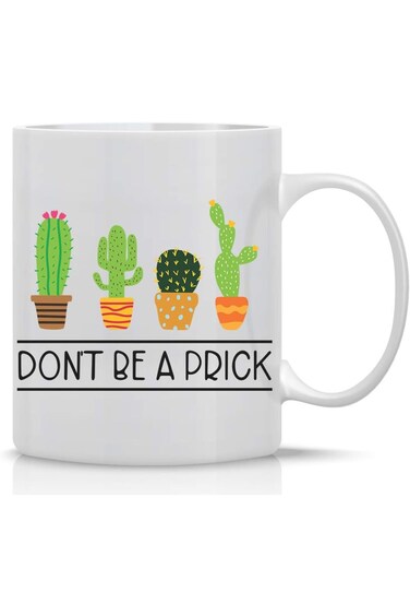 كوب قهوة سيراميك أبيض سعة 11 أونصة من CBTwear Don't Be a Prick - تصميم على شكل صبار عصاري أو فنجان شاي للمكتب