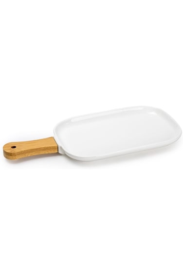 Bone China Shallow Porcelain Ceramic Plate with Bamboo Handle - Gourmet Serveware Tableware, 35x15x