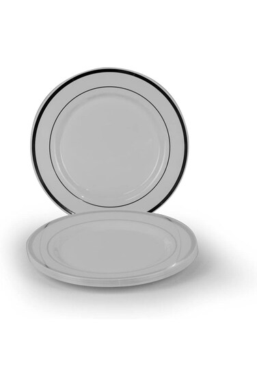 Rosy.Moment Silver Rim Plastic Plates 9 inch Disposable Salad/Dessert Plates Ideal for Weddings&amp; Pa