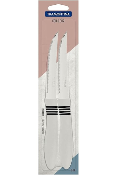 Tramontina Cor&amp;Cor 2 Pieces Steak Knife Set with Stainless Steel Blade and White Polypropylene Hand