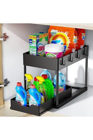 Lutors Under sliding cabinet basket organizer, 2 tier under cabinet bathroom under sink organizers