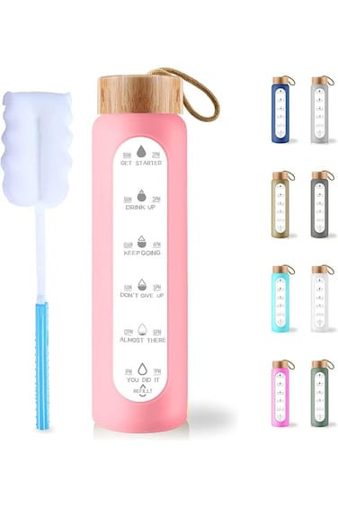 TRASSLE 32 Oz Borosilicate Glass Water Bottle with Times to Drink - Wide Mouth BPA Free Glass Motiv