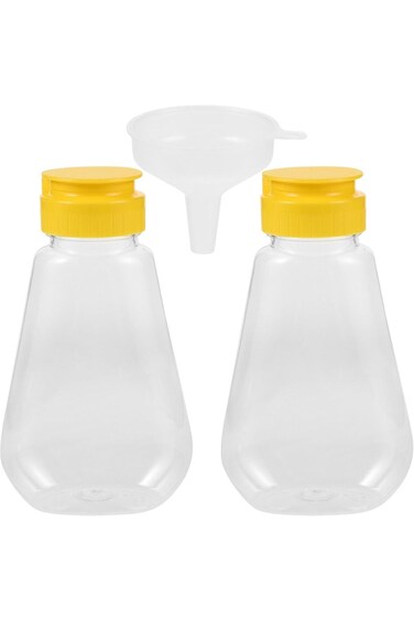 ALMEKAQUZ عبوة من زجاجتين عسل بلاستيكية فارغة مع قمع، برطمانات ضغط سعة 200 مل، موزع مانع للتسرب F