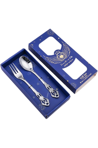 Tazweeq Stainless Steel Silver Fork Spoon Set, Creative Retro Palace Relief Dessert Coffee Spoon Fo