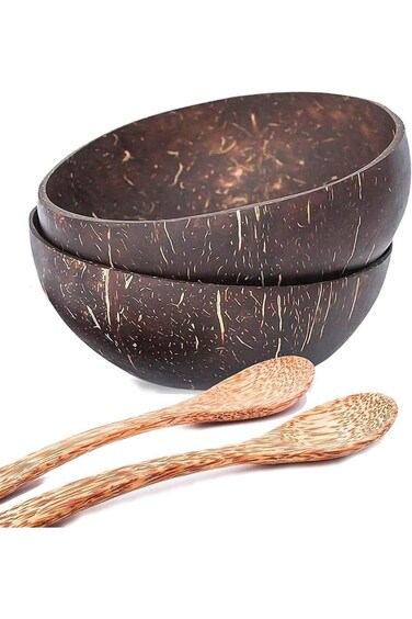 Arabest Natural Coconut Bowls and Spoons, Coconut Bowls Acai Smoothie Bowl Noodle Ramen Bowls (Set