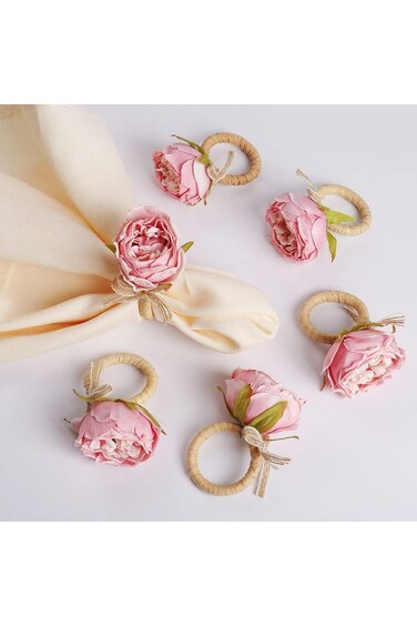 Handcraft Flower Napkin Rings, 6Pcs Pink Peony Flower Handmade Napkin Holder Rings Table Decoration