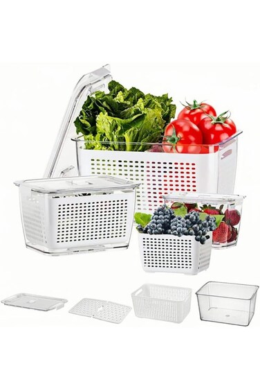 ALMEKAQUZ 3 قطع من حاويات تخزين الفاكهة للثلاجة مع سلة تصريف قابلة للإزالة، حاويات تخزين الطعام