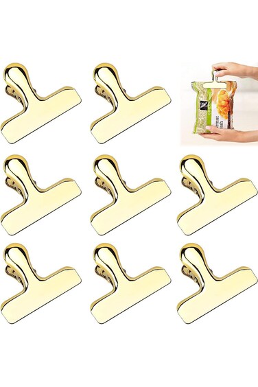 Bag Clips, 8Pcs Shiny Gold Bag Clips, Stainless Steel Heavy Duty Metal Bag Clip, Tightly Seals Chip
