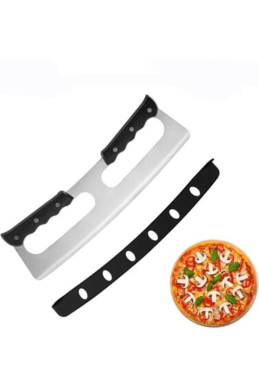 ALMEKAQUZ 14 Inch Pizza Rocker Cutter, Two Handle Pizza Rocker, Stainless Steel Pizza Cutter Knife