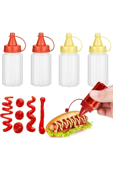 Azonee 4 Pieces Mini Condiment Bottles, 30ml Small Ketchup and Mustard Bottle, Tiny Plastic Salad D