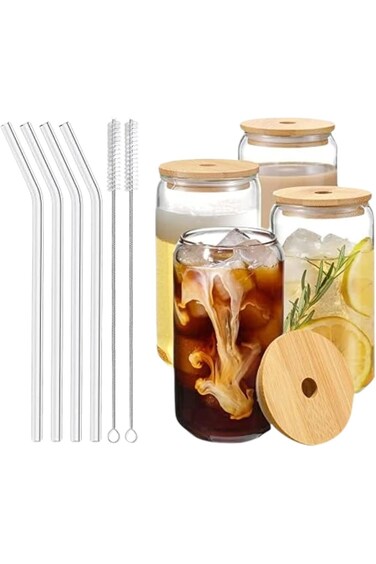 Drinking Glasses with Bamboo Lids and Glass Straw 4pcs Set - 16oz Can Shaped Glass Cups, Beer Glass