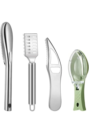 مجموعة إزالة قشور السمك، 4 قطع من الفولاذ المقاوم للصدأ مع فتاحة زجاجات، أدوات تنظيف الأسماك للمطبخ