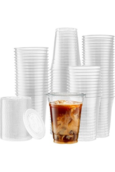 أكواب بلاستيكية شفافة أنيقة للاستخدام مرة واحدة بغطاء مسطح - عبوة من 50 كوبًا من أكواب البارفيه البلاستيكية للاستخدام مرة واحدة