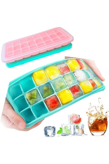 قوالب مكعبات الثلج، عبوة من قطعتين، مصنوعة من السيليكون المرن الآمن غذائيًا مع قاعدة قابلة للإزالة ومقاومة للانسكاب