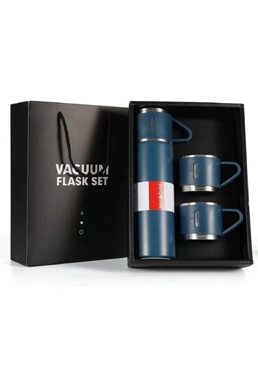 زجاجة حرارية مع كوبين إضافيين، مجموعة قوارير مفرغة من الهواء، سعة 500 مل، مصنوعة من الفولاذ المقاوم للصدأ، مقاومة للتسرب، زجاجة سفر