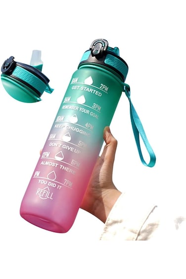 زجاجة مياه ECVV® تحفيزية سعة 1 لتر مع علامة زمنية وعبارة تشجيعية - خالية من مادة BPA، مقاومة للتسرب، مقاس متوسط ​​عريض