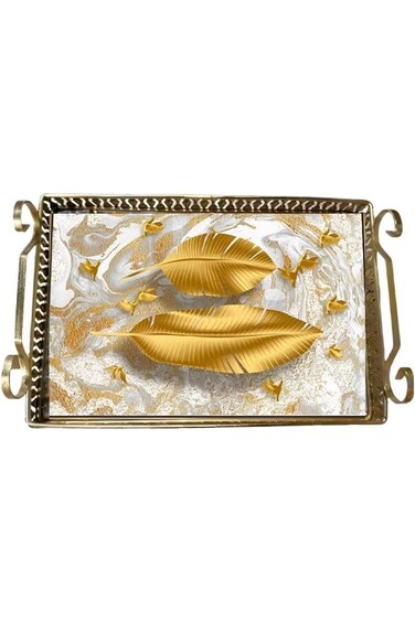 Gold Glass Metal Tray Set in a rectangular shape, Egyptian made - (Golden feather shape), 2Pcs