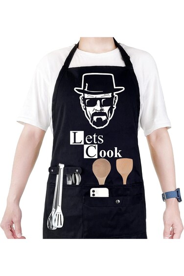 Tazweeq Funny Cooking Chef Apron with Pockets, Bbq Waterproof Printed Apron, BBQ Kitchen Work Apron