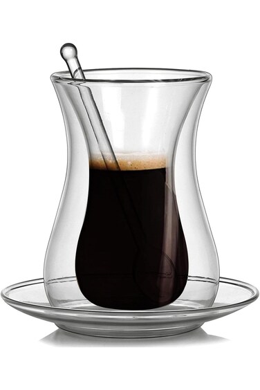 طقم أكواب قهوة مع ملاعق وصحن من Qiccijoo، كوب قهوة زجاجي مزدوج الجدار، سعة 150 مل/5 أونصة، زجاج شفاف