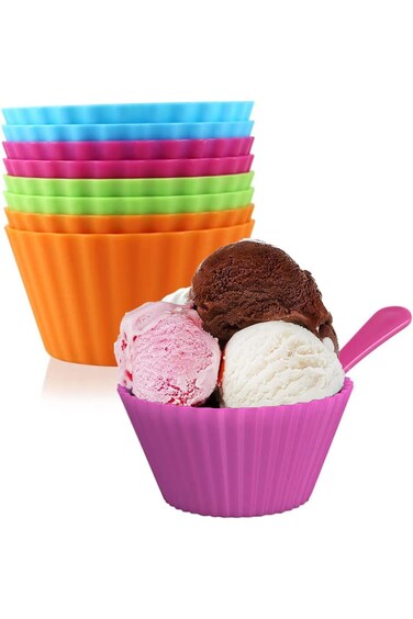 KASTWAVE Colorful Plastic Ice Cream Bowls with Spoons - Set of 8 Stackable Dessert Cups for Kids, P