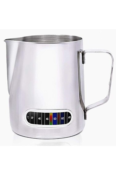 Latte Art Milk Frothing Pitcher with Integrated Thermometer, Jug Stainless Steel Creamer Temperatur