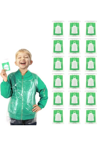 MAKINGTEC 100 Pieces Kids Aprons, Disposable Individually Packed Plastic Clear Aprons, Polyethylene