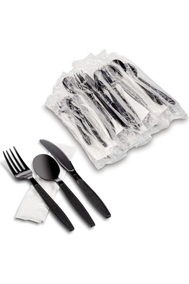 MT Products Black Individually Wrapped Plastic Cutlery Set - Disposable Heavy Weight Utensils - Pac