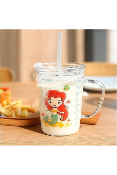 كوب مع قشة وغطاء، أكواب شرب للأطفال، أكواب مياه بمقبض، ميزان قياس، حليب مثلج J