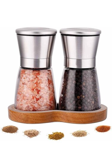 Tazweeq Pepper Mill Set, Refillable Pepper Mill Set. Brushed Stainless Steel Grinder, Short Glass J