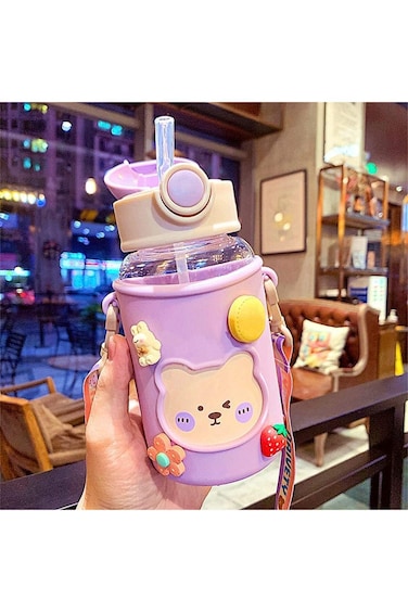 Kawaii Water Bottle for Girls Cute Water Bottles with Straw, Portable Leakproof Kawaii Bear Water B