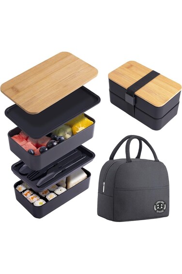 ALMEKAQUZ Japanese Bamboo Bento Box with Compartments and Utensils, Stackable Lunch Box Includes In