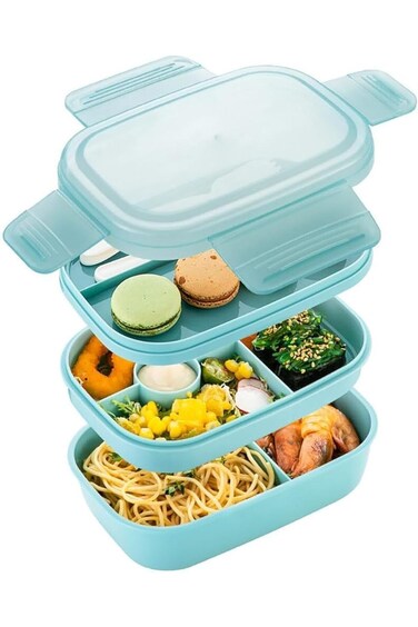 صندوق غداء بينتو قابل للتكديس، مقاوم للتسرب، سعة كبيرة، مع حجرات مقسمة، قابل للغسل في غسالة الأطباق