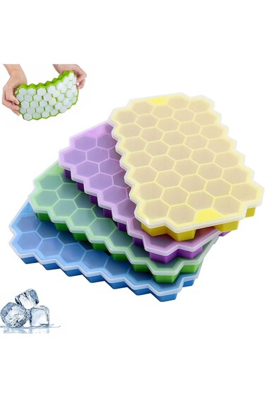 قوالب مكعبات الثلج لوسيفا القابلة لإعادة الاستخدام، عبوة من 4 قطع، أصفر، أخضر، بنفسجي، وأزرق، قالب ثلج صغير من السيليكون مع