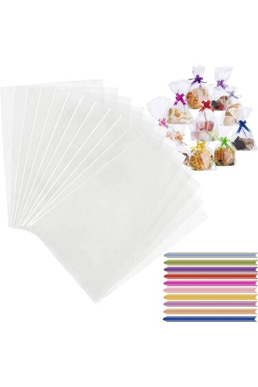 أكياس سيلوفان شفافة من IboXq، 100 كيس هدايا مع أربطة ملتوية لتغليف هدايا الزفاف والكعك الصغير