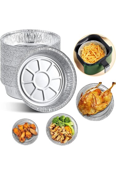 BIGTHREE® 50 قطعة من صواني رقائق الألومنيوم المستديرة، ألواح رقائق الألومنيوم للاستخدام مرة واحدة مقاس 6 بوصات، مادة آمنة، عالية الحرارة
