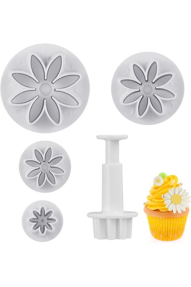 Hariendny Daisy Fondant Cutter, 4PCS Flower Plunger Cutters, 8Petals Daisy Cookie Cutter, Flower Co
