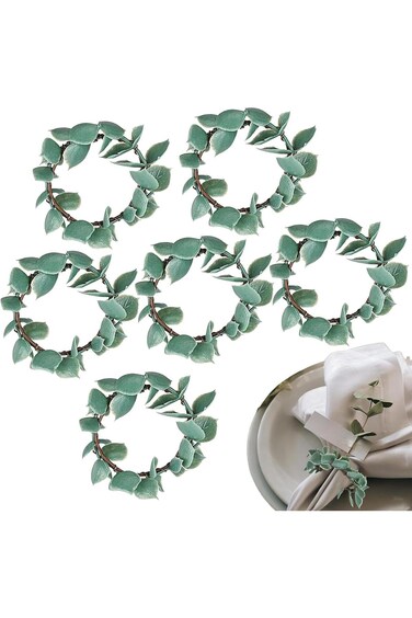 مجموعة من 6 حلقات مناديل ربيعية - حاملات مناديل على شكل أكاليل من أوراق الربيع الريفية لعيد الميلاد والعطلات