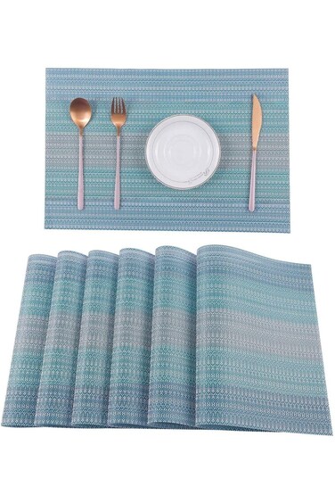 ALMEKAQUZ 6 Pack Home Pure Linen Placemats Chambray Teal Athena Pure Linen Natural Fabric Handcraft