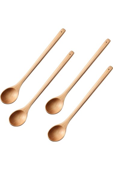 SWIUKPHE Wood Mixing Spoon, 4 Pieces Long Handle Wooden Spoons for Kitchen Stirring and Cooking, 13