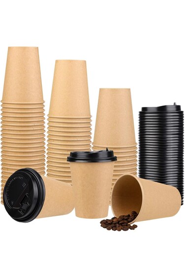 ELCOHO عبوة من 50 كوب قهوة من ورق كرافت للاستخدام مرة واحدة، سعة 12 أونصة، مع أغطية مانعة للتسرب، وورق جدار واحد