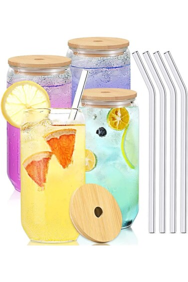 ELECDON Can Shaped Glass Cups With Glass Straw and Bamboo Lids, 4 Pcs Transparent Water Cup for Jui