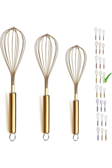 مجموعة خفاقات بيرجلاندر الذهبية، مكونة من 3 خفاقات ذهبية من الفولاذ المقاوم للصدأ، مقاس 8 و10 و12 بوصة، مطلية بالتيتانيوم للطهي.